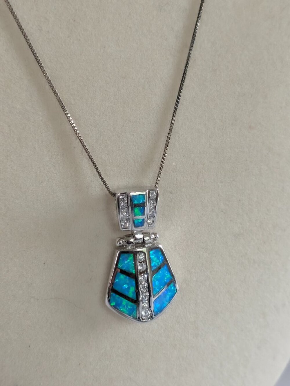 Vintage Estate Blue Fire Opal CZ Sterling Silver Slide Pendant and Box Chain
